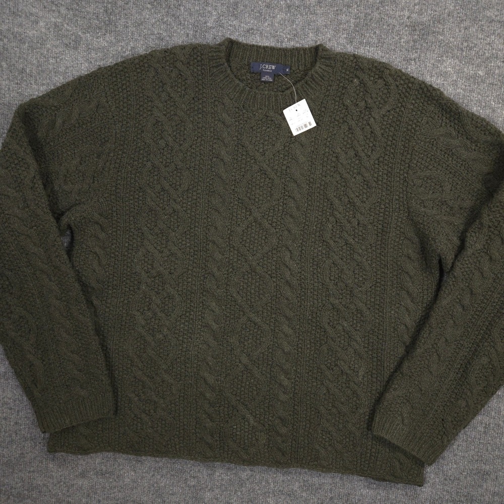 J Crew Sweater Mens XL Green Handknit Lambswool Cable Knit Heavyweight Fisherman
